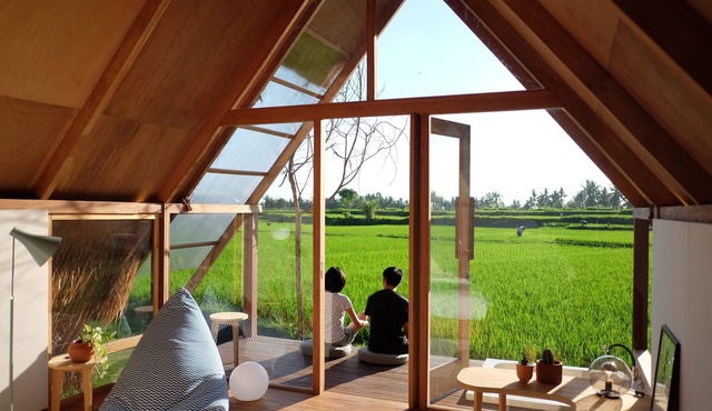 Designer Bamboo A-Frame Hut Amidst Ubud Rice Fields in Kemenuh
